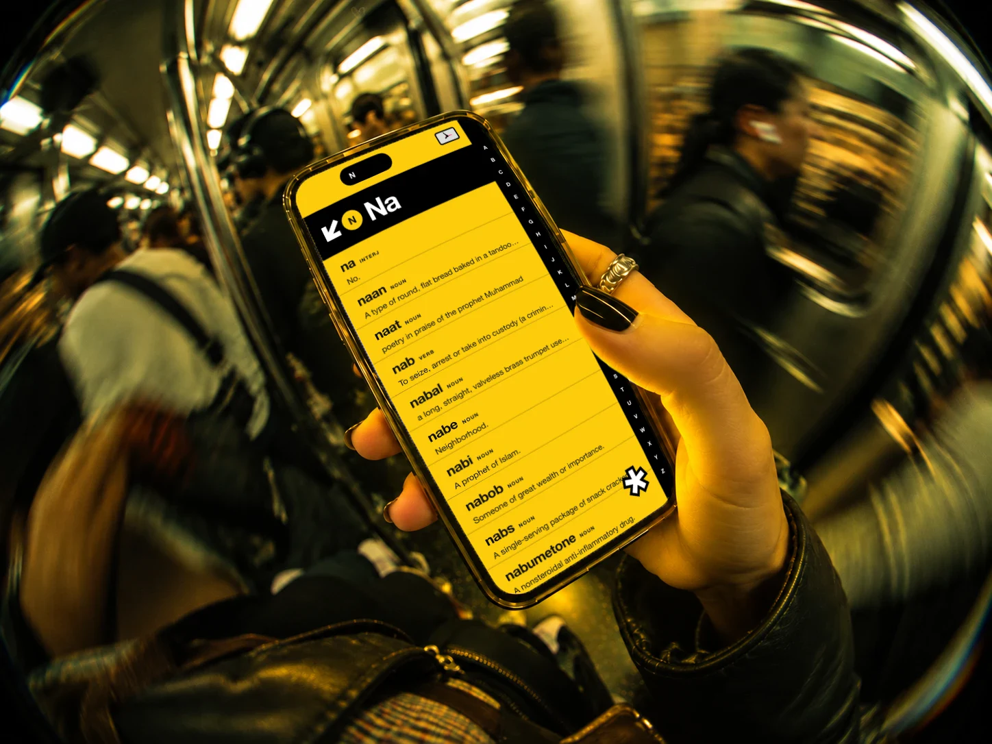 Frictionary open on the N page, held up on a crowded subway train